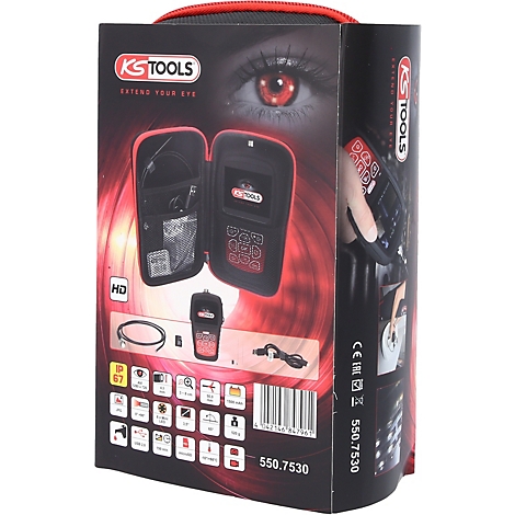 Werkzeugkoffer mit rotem Innenfutter, geöffnet und mit Werkzeug gefüllt; rote Augen auf der Verpackung.